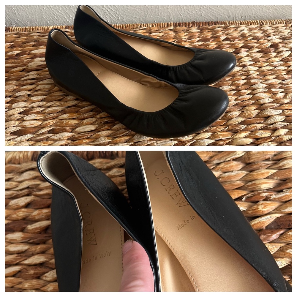 J Crew black leather flats elastic fitted 8